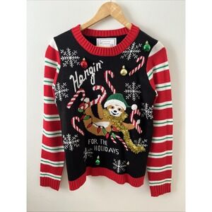 Sloth Ugly Christmas‎ Sweater Black/Red/Green Size M Hanging For The Holidays